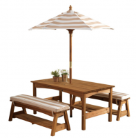 Стол с двумя скамейками и зонтом (бело-коричнеые полосы)